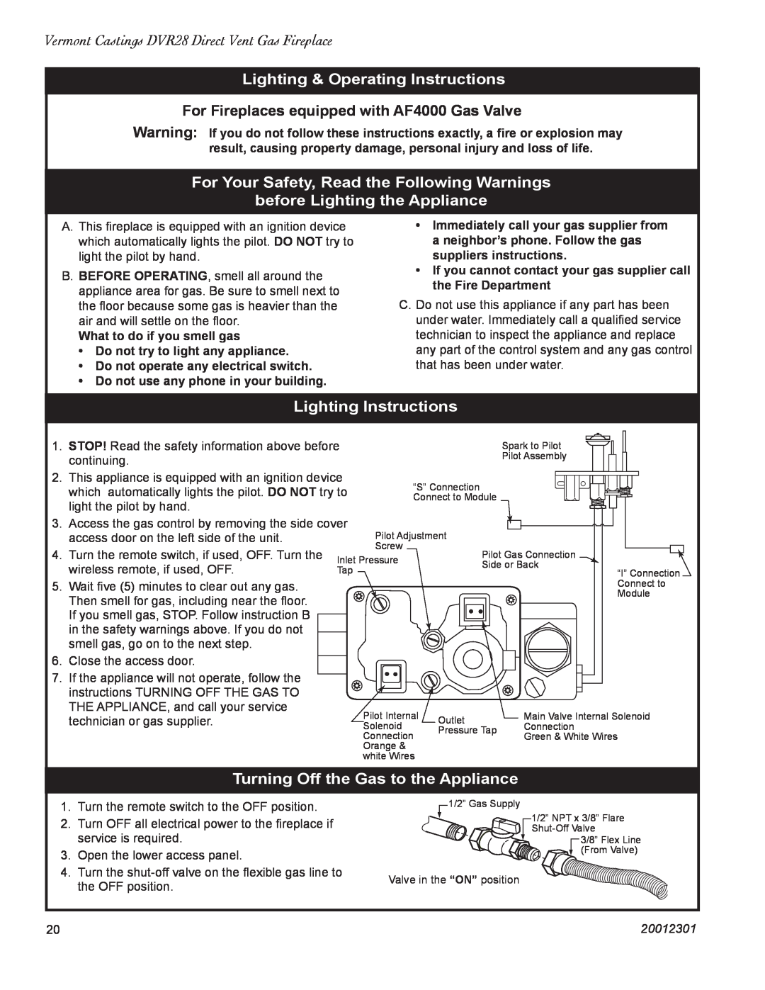 Vermont Casting DVR28IN Lighting & Operating Instructions, For Your Safety, Read the Following Warnings, 20012301 