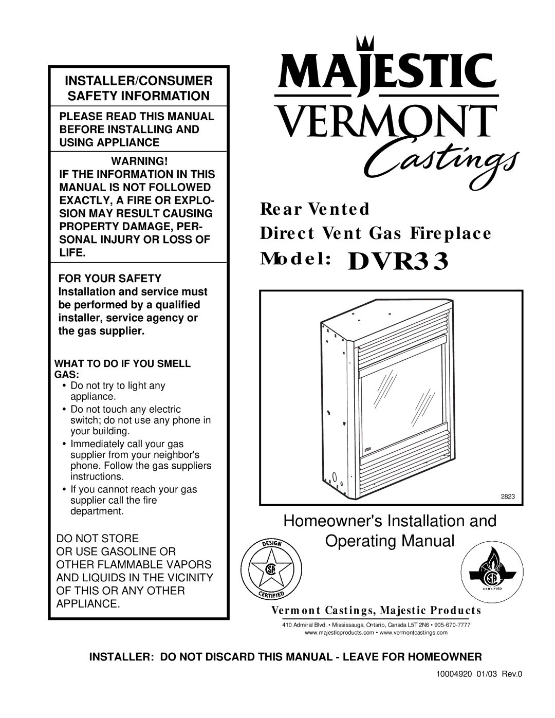 Vermont Casting manual Rear Vented Direct Vent Gas Fireplace Model DVR33 