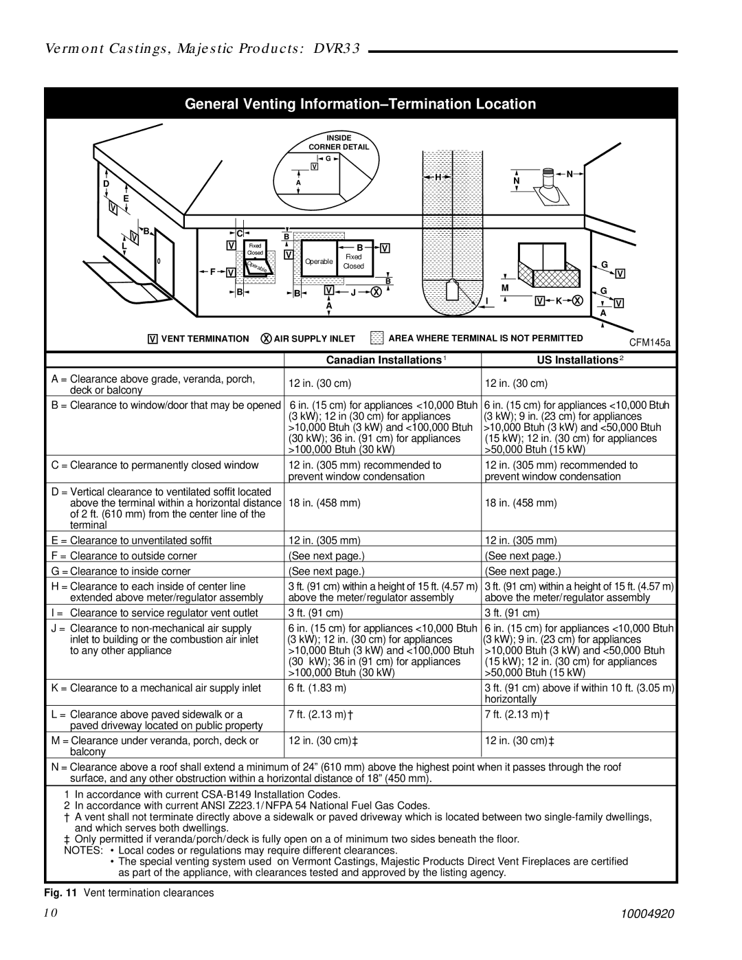 Vermont Casting DVR33 manual General Venting Information-Termination Location, Canadian Installations1 US Installations2 