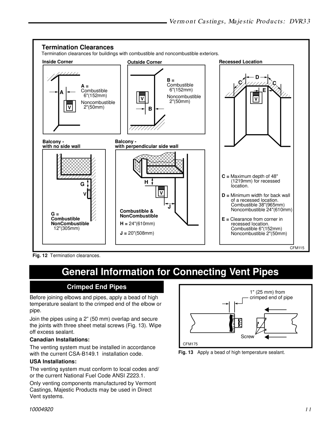 Vermont Casting DVR33 manual General Information for Connecting Vent Pipes, Crimped End Pipes, Canadian Installations 