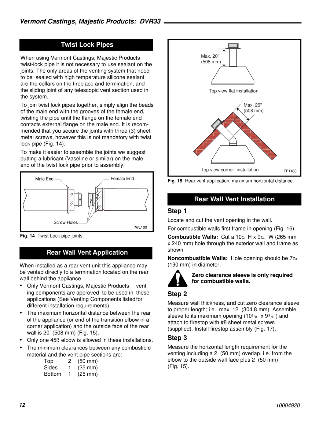 Vermont Casting DVR33 manual Twist Lock Pipes, Rear Wall Vent Application, Rear Wall Vent Installation 