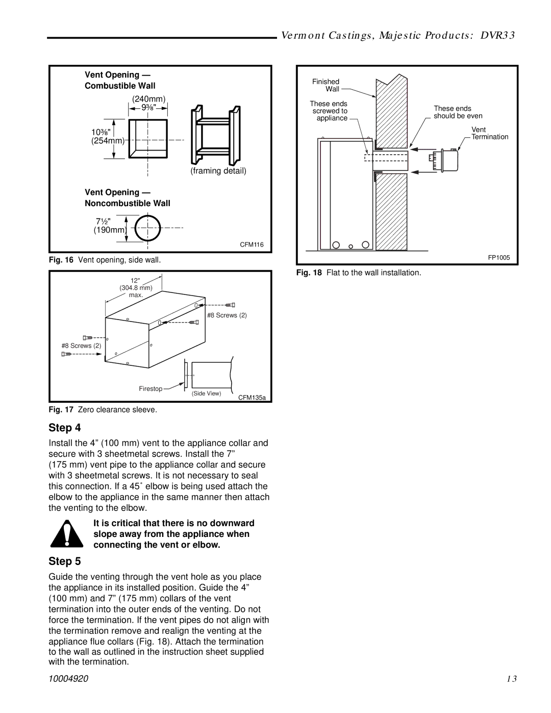 Vermont Casting DVR33 manual Vent Opening Combustible Wall, Vent Opening Noncombustible Wall 