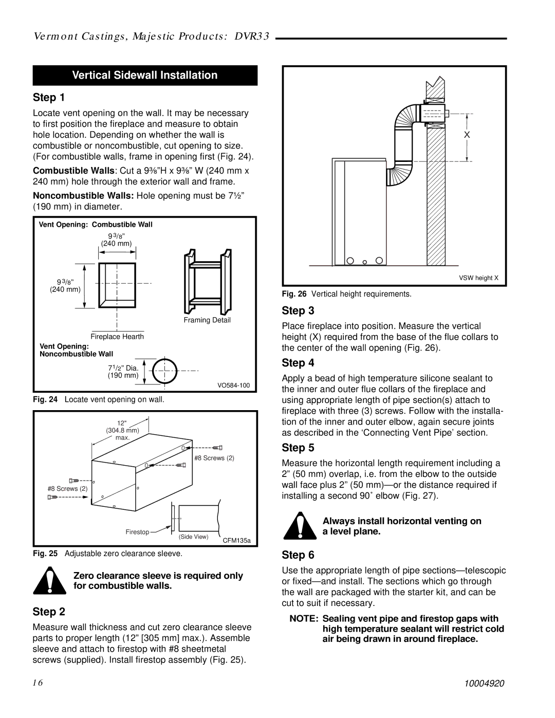 Vermont Casting DVR33 manual Vertical Sidewall Installation, Vent Opening Noncombustible Wall 