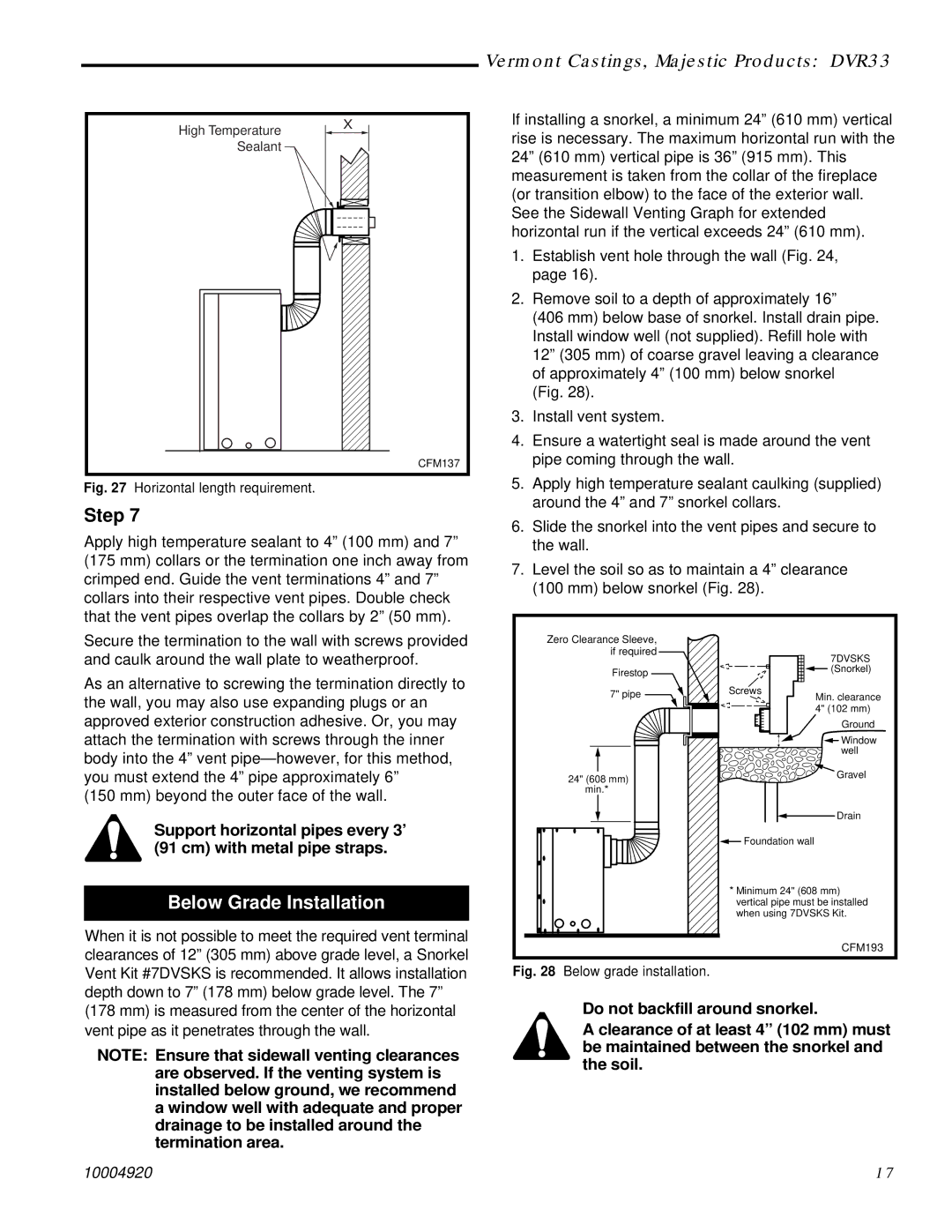 Vermont Casting DVR33 manual Below Grade Installation, 7DVSKS 