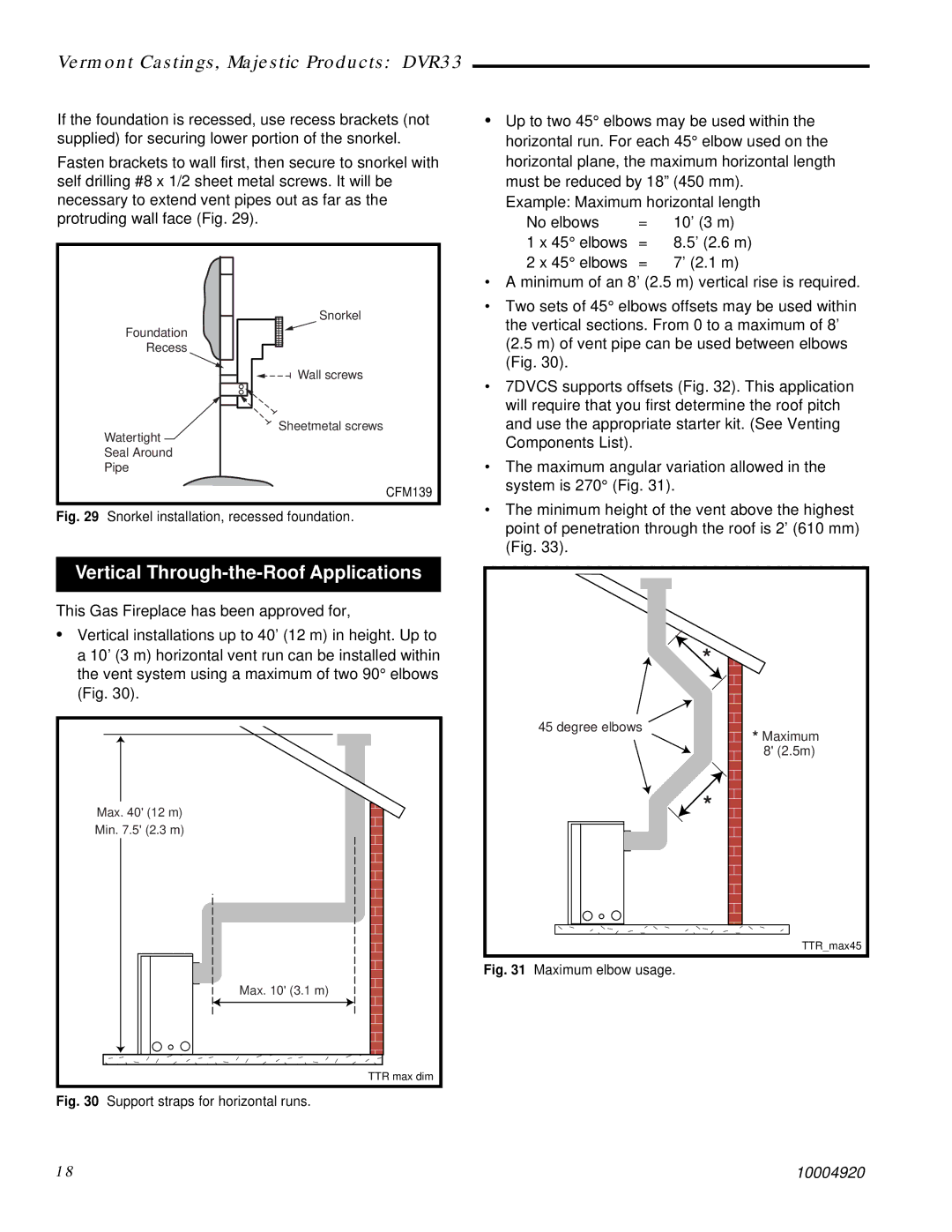 Vermont Casting DVR33 manual Vertical Through-the-Roof Applications, Snorkel installation, recessed foundation 