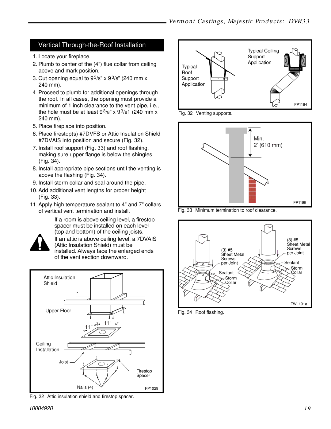 Vermont Casting DVR33 manual Vertical Through-the-Roof Installation, Min ’ 610 mm 