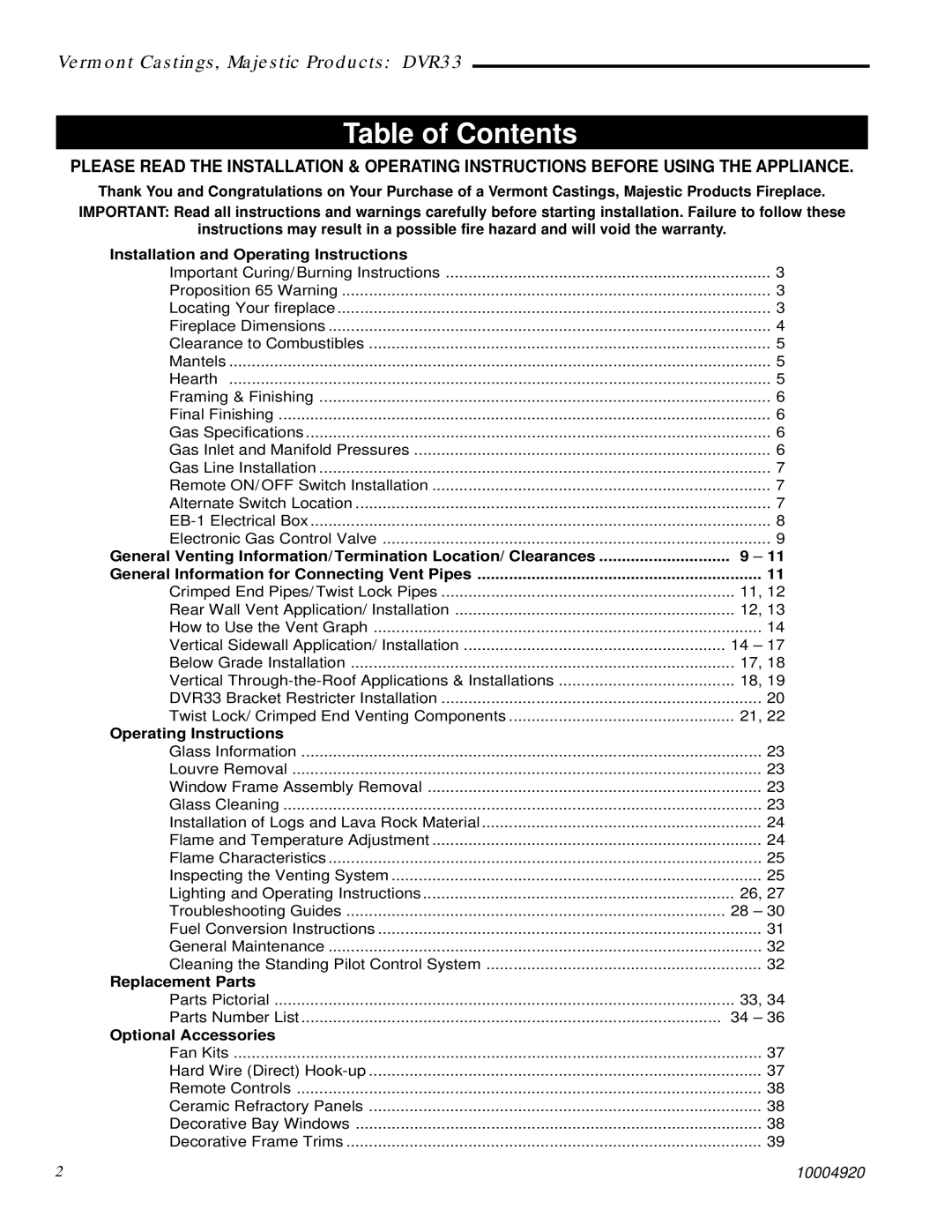 Vermont Casting DVR33 manual Table of Contents 