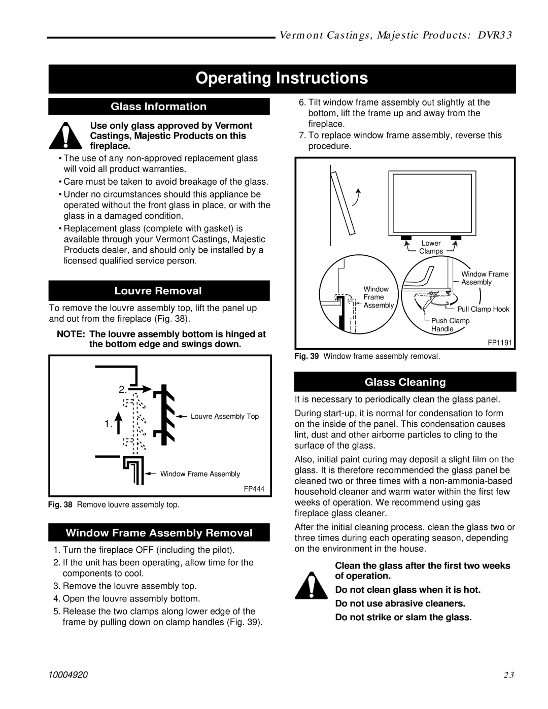 Vermont Casting DVR33 manual Operating Instructions, Glass Information, Louvre Removal, Window Frame Assembly Removal 