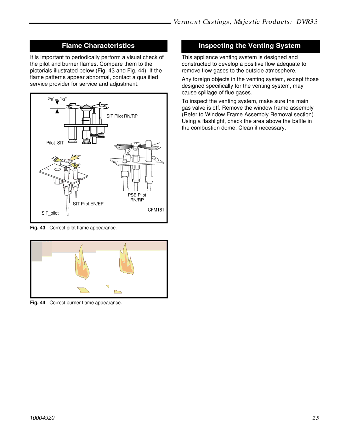 Vermont Casting DVR33 manual Flame Characteristics, Inspecting the Venting System 