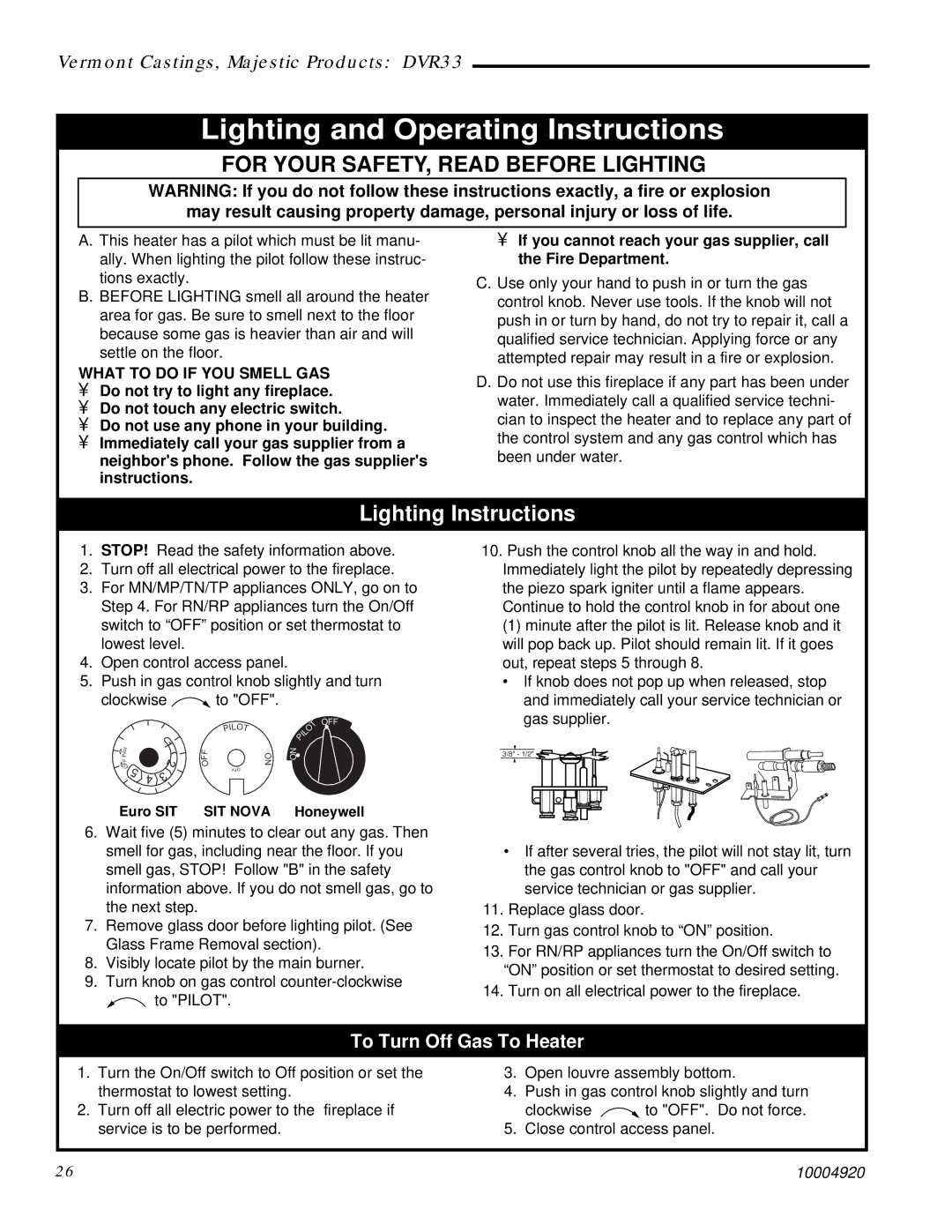 Vermont Casting DVR33 manual Lighting and Operating Instructions, To Turn Off Gas To Heater 