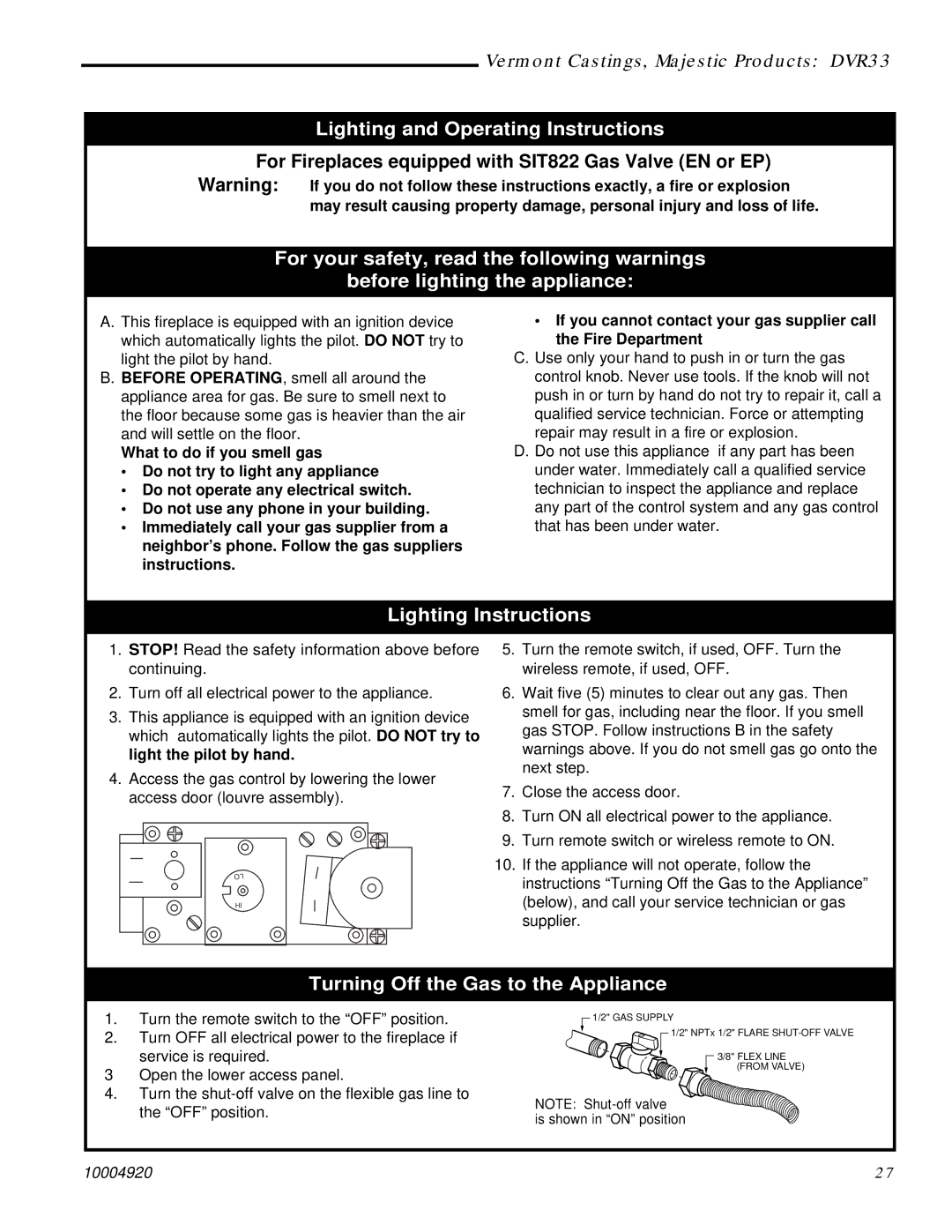 Vermont Casting DVR33 Lighting and Operating Instructions, Lighting Instructions, Turning Off the Gas to the Appliance 