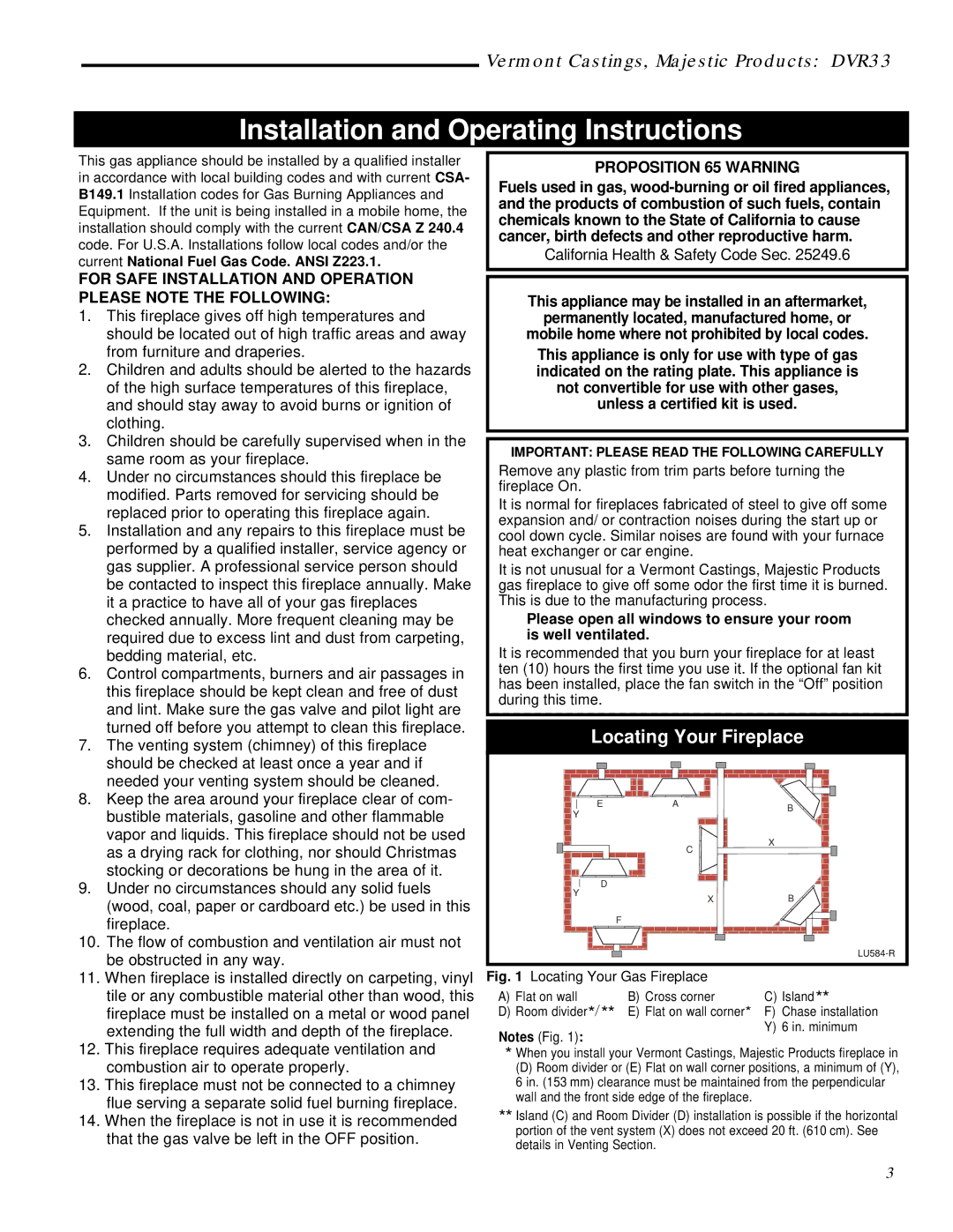 Vermont Casting DVR33 manual Installation and Operating Instructions, Locating Your Fireplace 