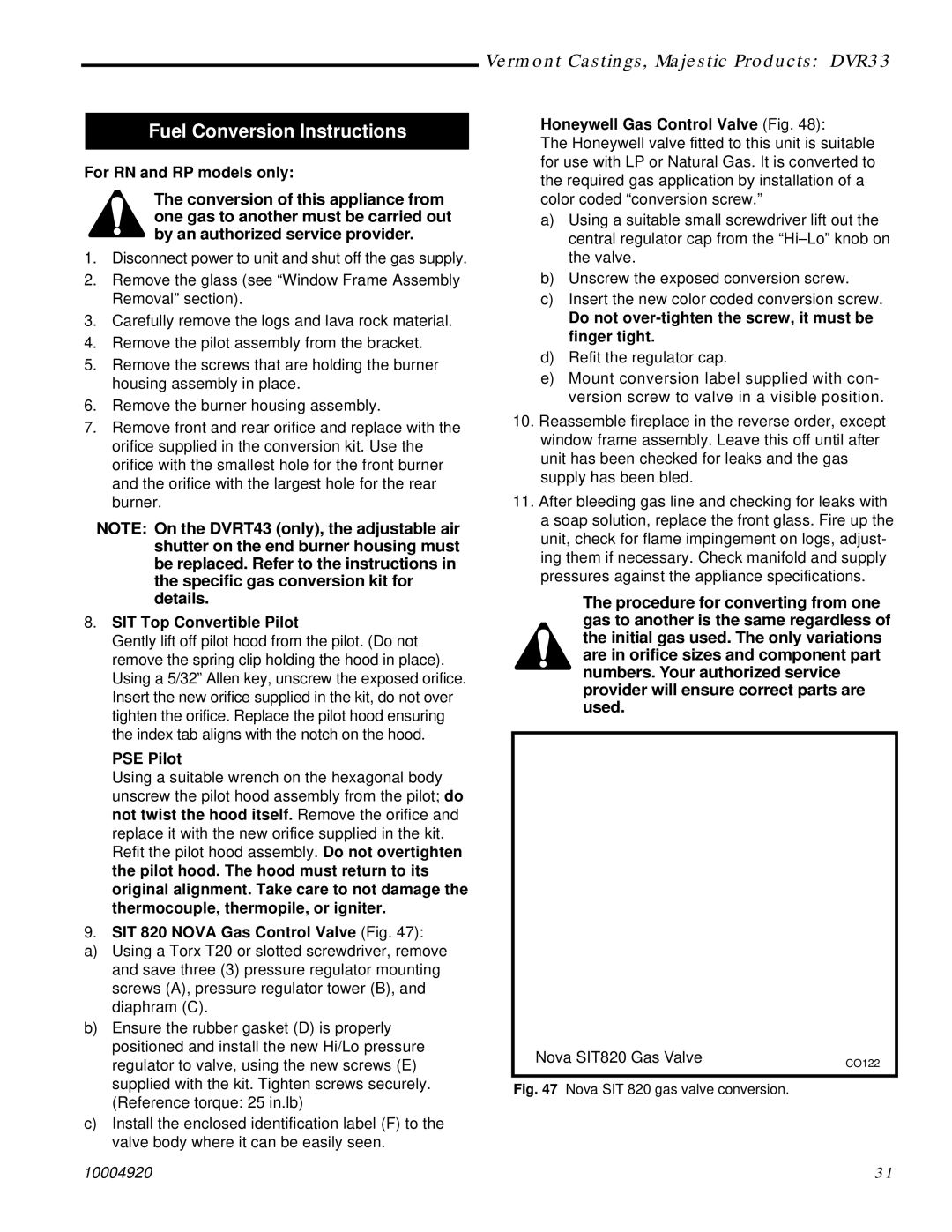 Vermont Casting DVR33 manual Fuel Conversion Instructions 