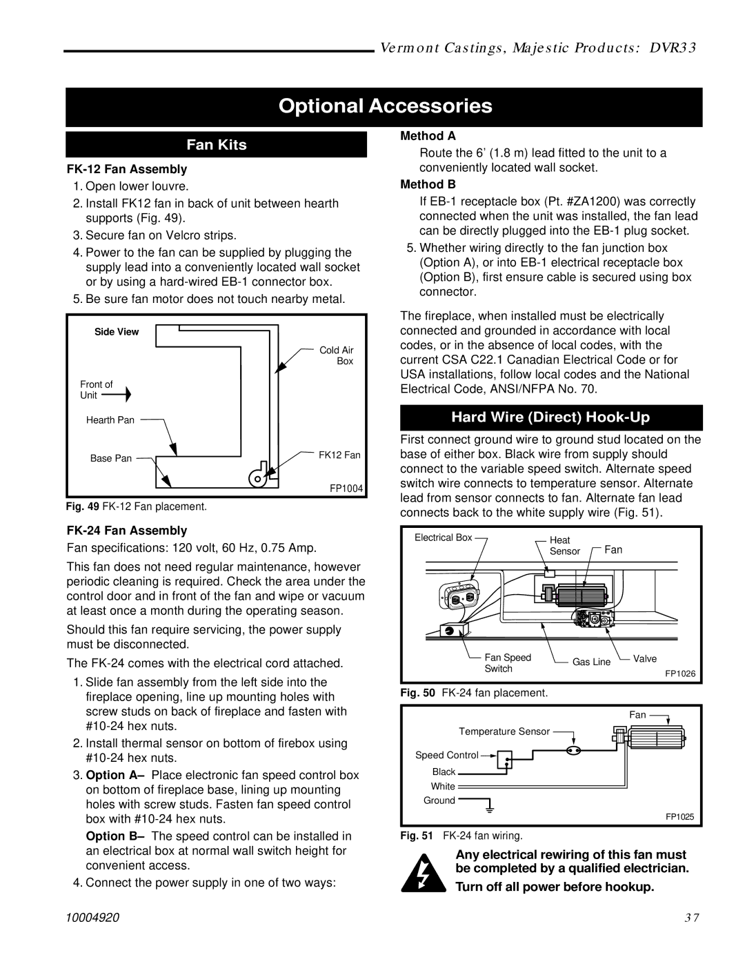 Vermont Casting DVR33 manual Fan Kits, Hard Wire Direct Hook-Up 