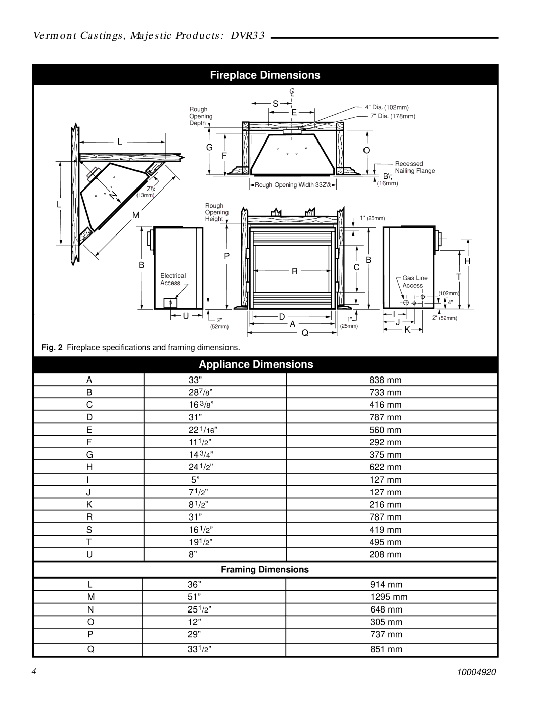 Vermont Casting DVR33 manual Fireplace Dimensions, Appliance Dimensions, Framing Dimensions 