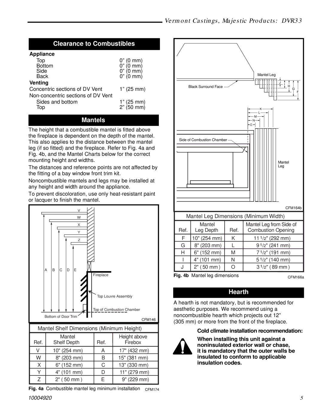 Vermont Casting DVR33 manual Clearance to Combustibles, Mantels, Hearth 