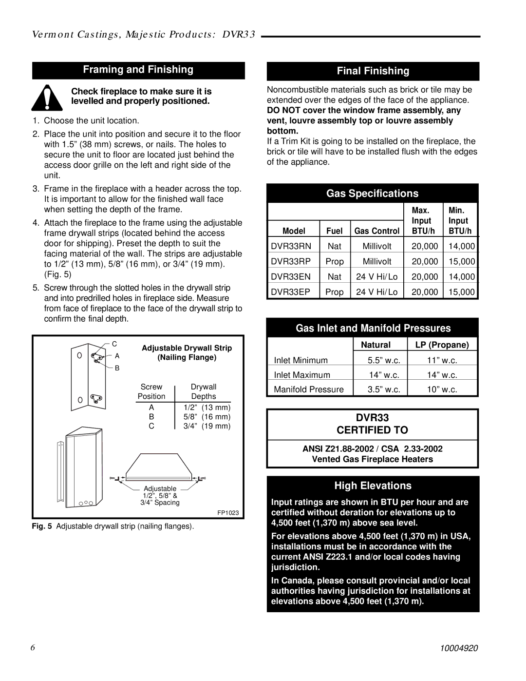 Vermont Casting DVR33 manual Framing and Finishing, Final Finishing, Gas Specifications, Gas Inlet and Manifold Pressures 
