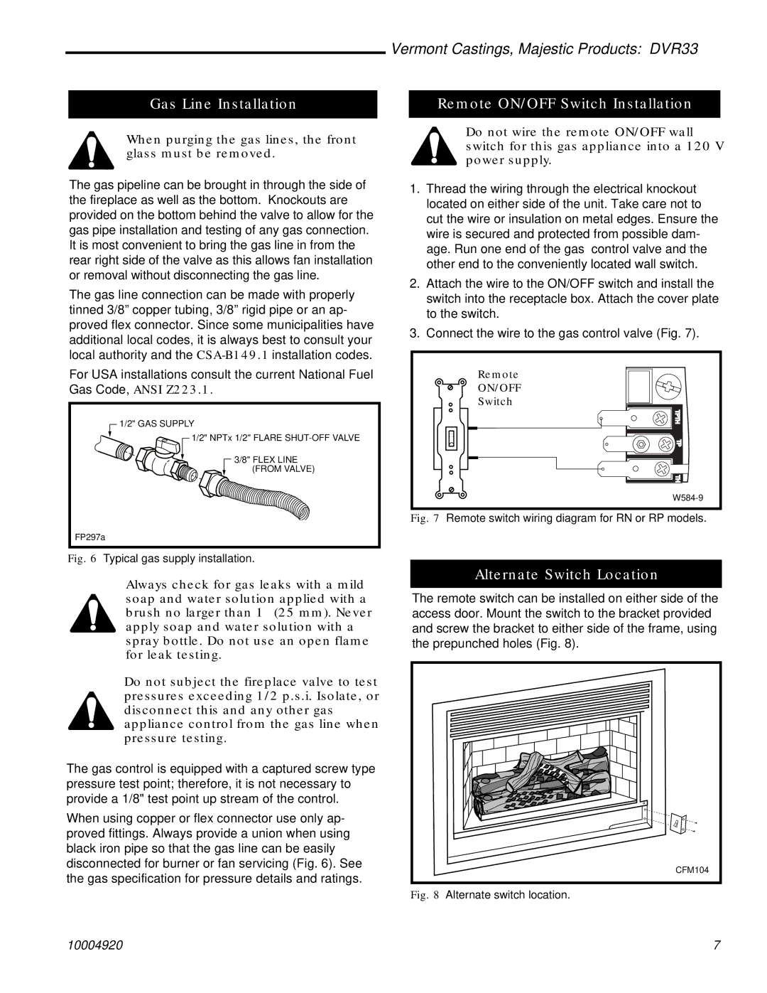 Vermont Casting DVR33 manual Gas Line Installation, Remote ON/OFF Switch Installation, Alternate Switch Location 