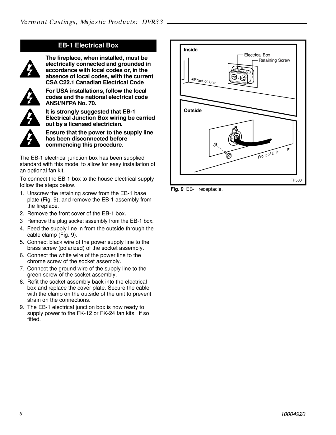 Vermont Casting DVR33 manual EB-1 Electrical Box 