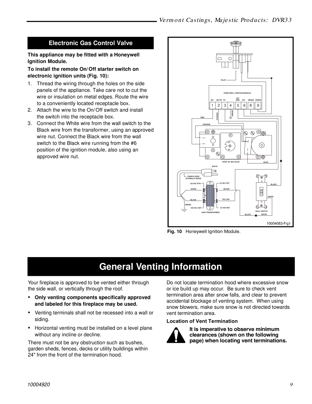 Vermont Casting DVR33 manual General Venting Information, Electronic Gas Control Valve 