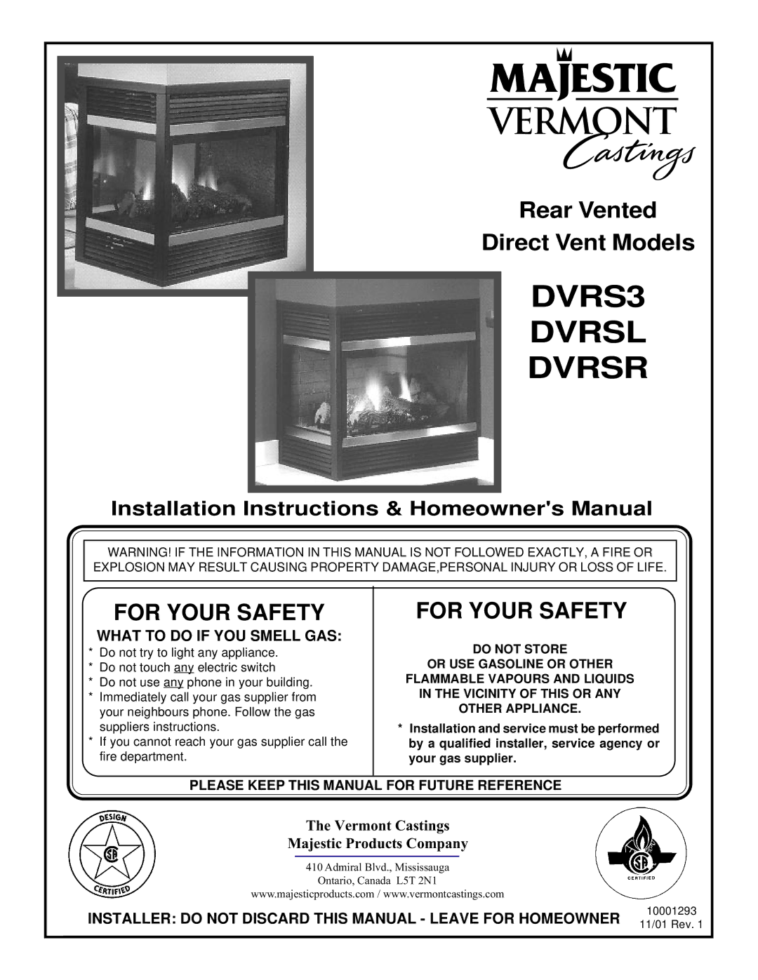 Vermont Casting DVRSL, DVRSR installation instructions DVRS3 Dvrsl Dvrsr 