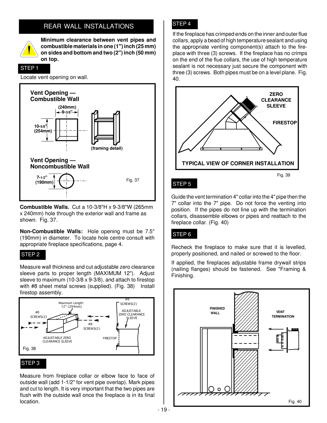 Vermont Casting DVRS3, DVRSL, DVRSR installation instructions Vent Opening Combustible Wall 