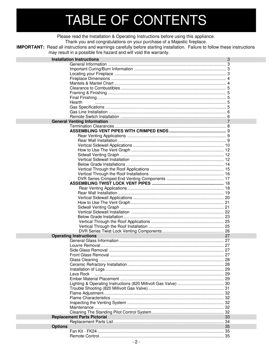 Vermont Casting DVRSR, DVRSL, DVRS3 installation instructions Table of Contents 