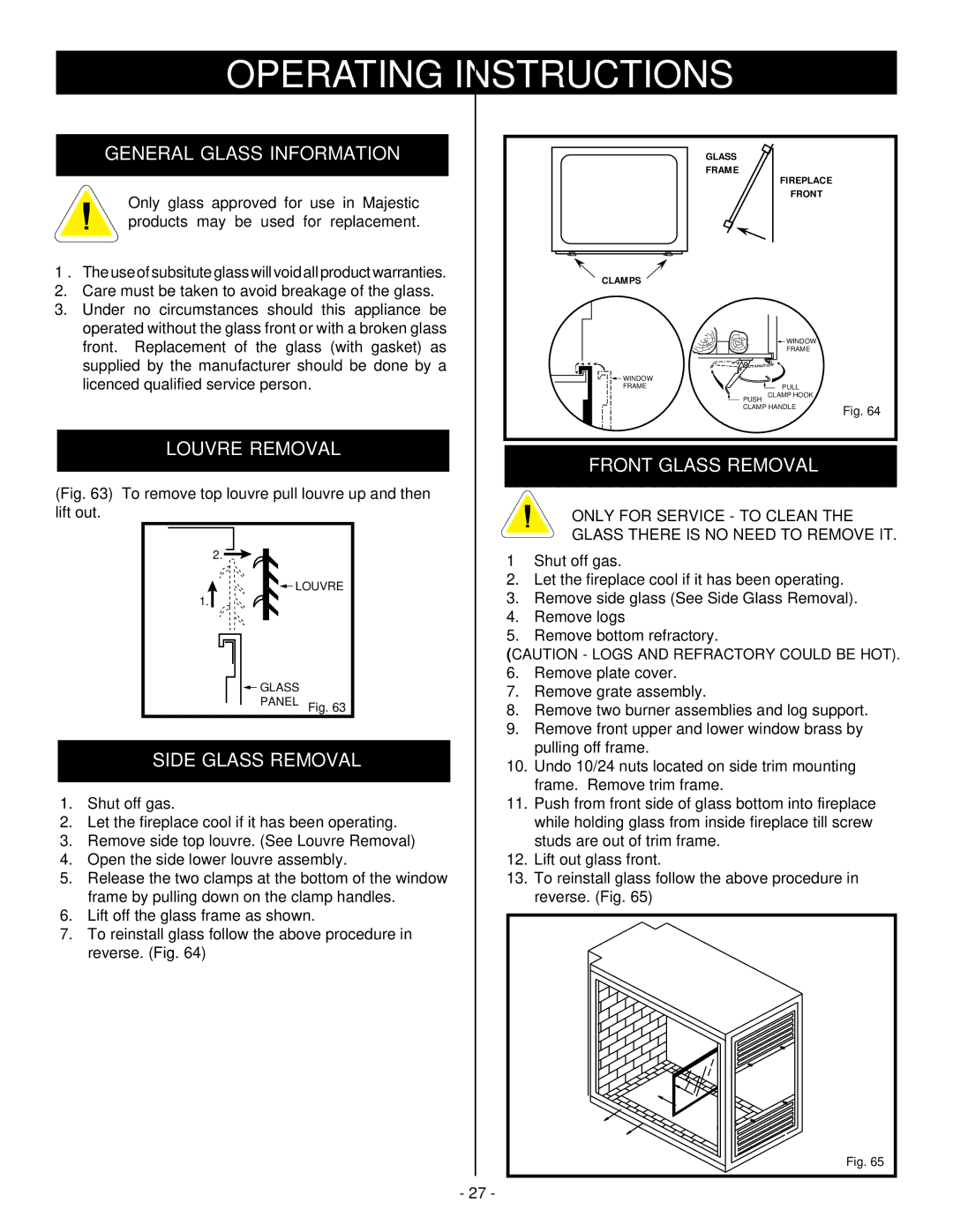 Vermont Casting DVRSL, DVRS3, DVRSR installation instructions Louvre Removal Front Glass Removal, Side Glass Removal 