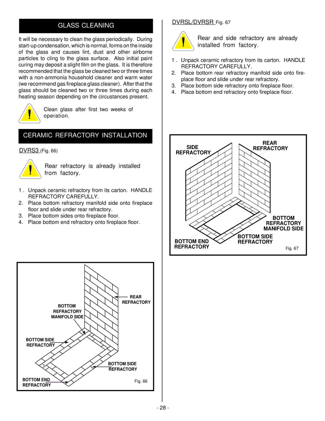 Vermont Casting DVRS3, DVRSL, DVRSR installation instructions Glass Cleaning, Ceramic Refractory Installation 