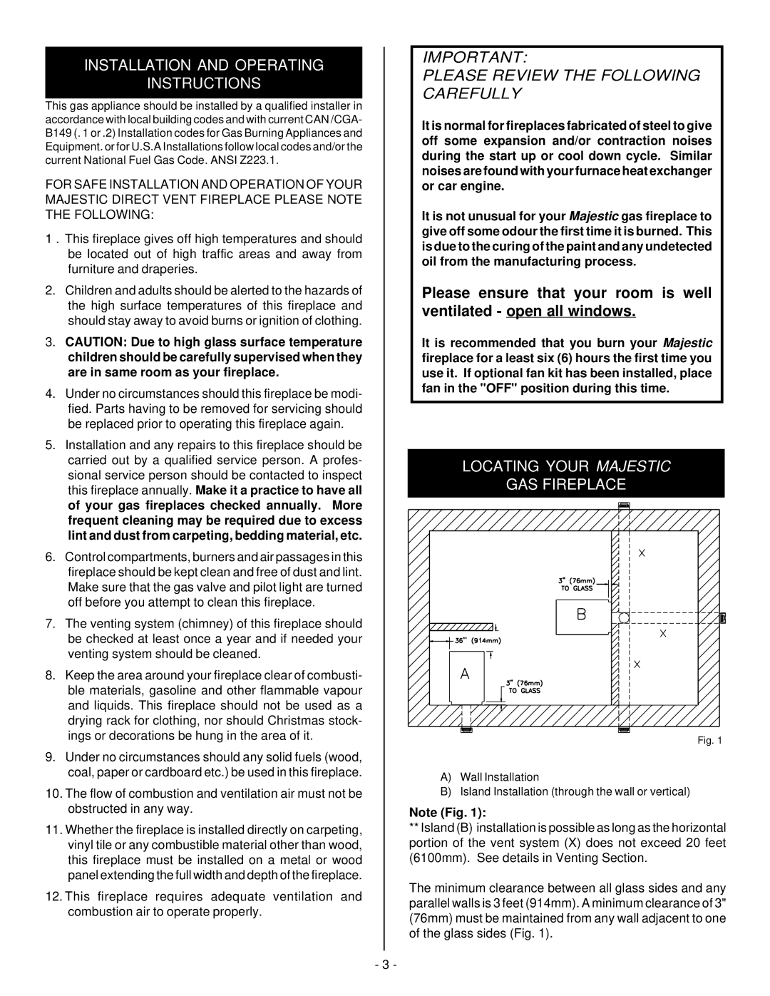 Vermont Casting DVRSL, DVRS3, DVRSR Installation and Operating Instructions, Locating Your Majestic GAS Fireplace 