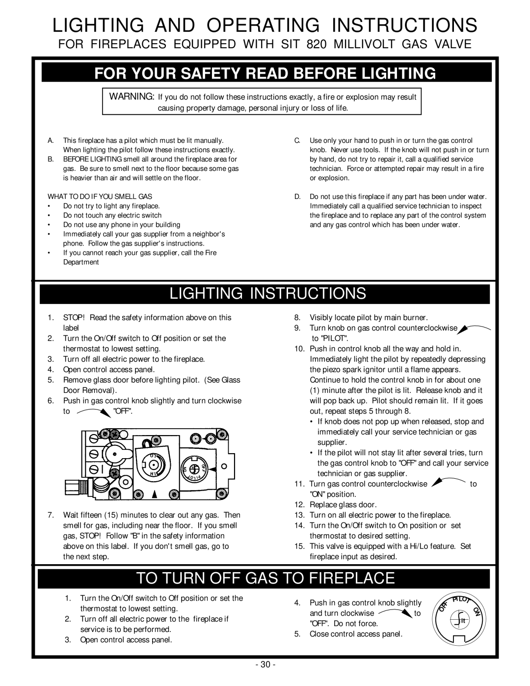 Vermont Casting DVRSL, DVRS3, DVRSR installation instructions Lighting Instructions, To Turn OFF GAS to Fireplace 