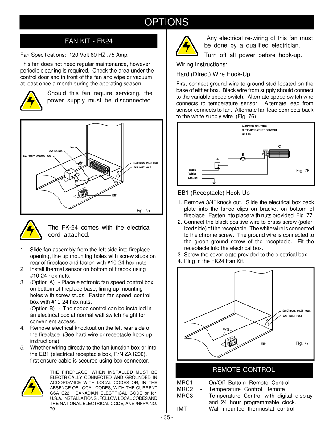 Vermont Casting DVRSR, DVRSL, DVRS3 installation instructions Options, FAN KIT FK24, Remote Control 