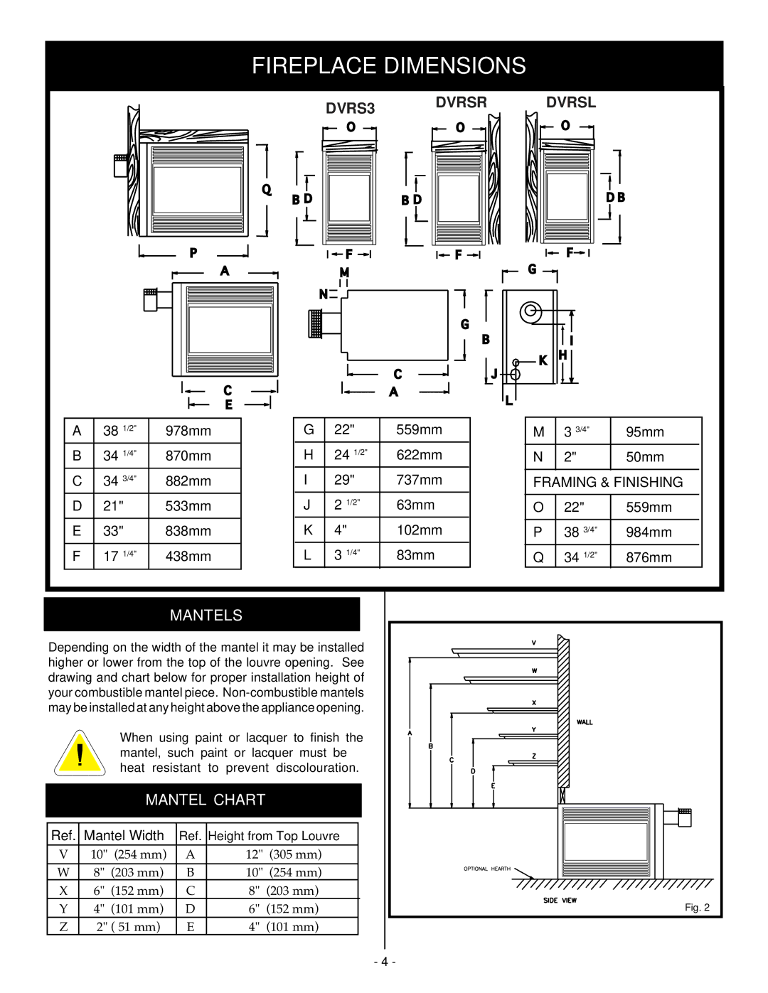 Vermont Casting DVRS3, DVRSL, DVRSR installation instructions Fireplace Dimensions, Mantels, Mantel Chart 