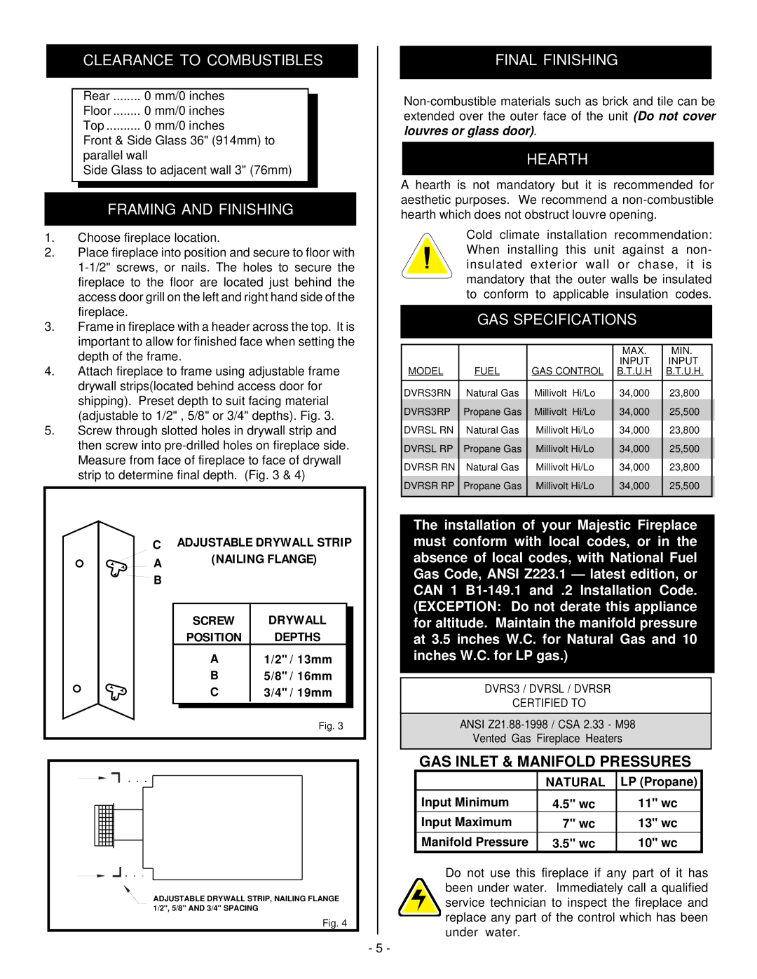 Vermont Casting DVRSR, DVRSL Clearance to Combustibles, Framing and Finishing, Final Finishing, Hearth, GAS Specifications 