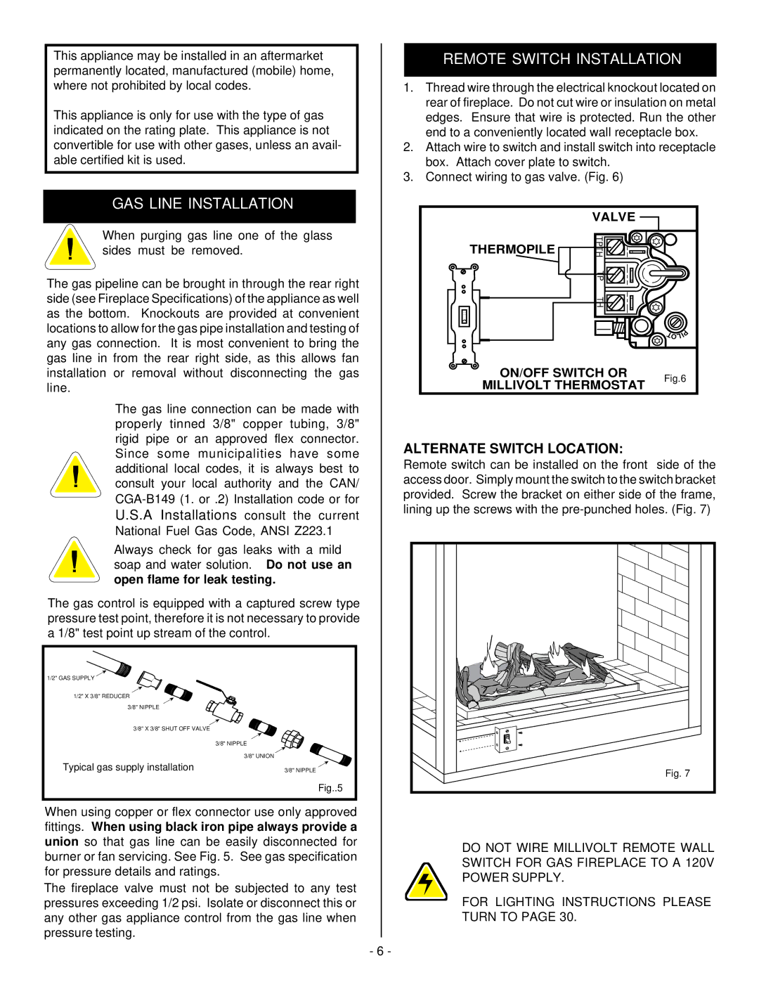 Vermont Casting DVRSL, DVRS3, DVRSR installation instructions GAS Line Installation, Remote Switch Installation 