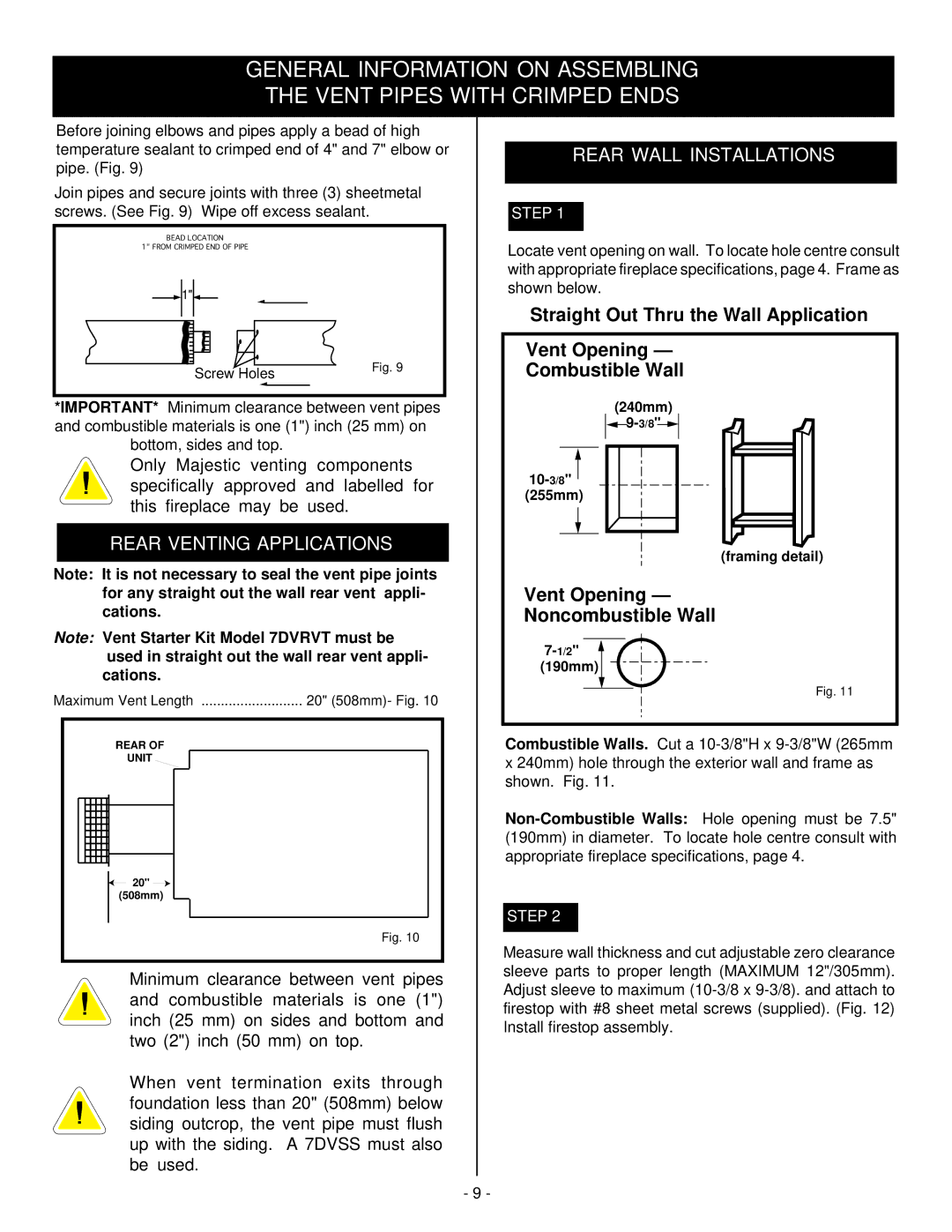 Vermont Casting DVRSL, DVRS3, DVRSR installation instructions Rear Venting Applications, Rear Wall Installations 