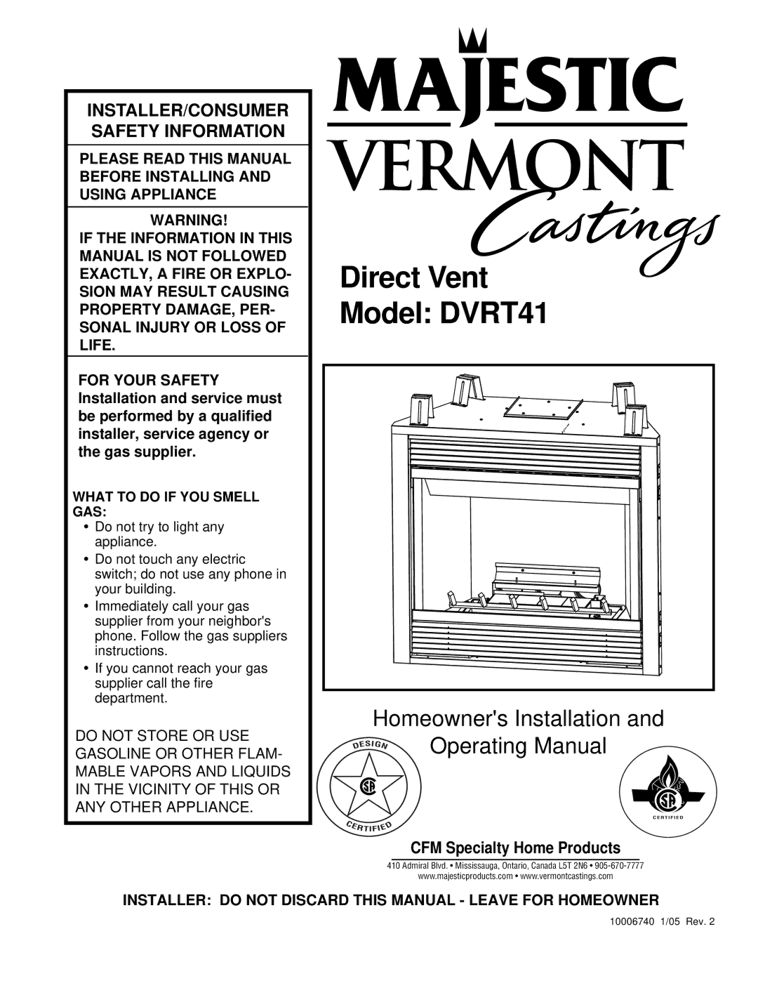 Vermont Casting manual Direct Vent Model DVRT41 