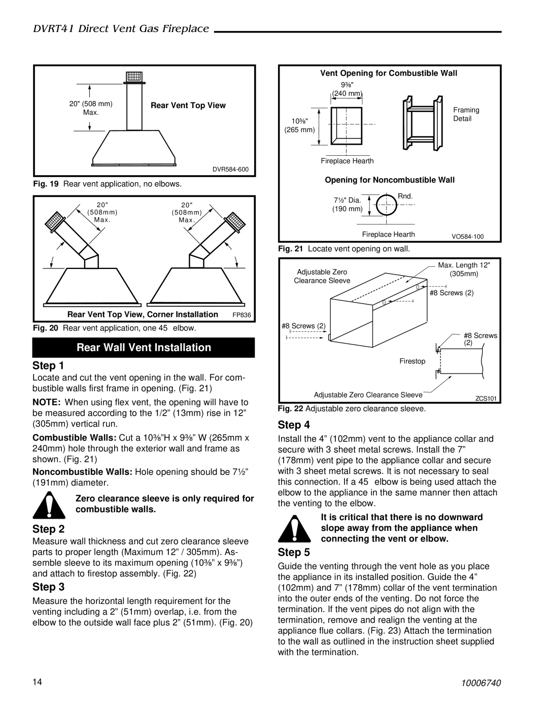 Vermont Casting DVRT41 manual Rear Wall Vent Installation, Step 