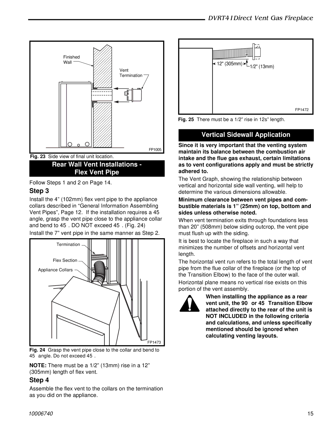 Vermont Casting DVRT41 manual Rear Wall Vent Installations Flex Vent Pipe, Vertical Sidewall Application 