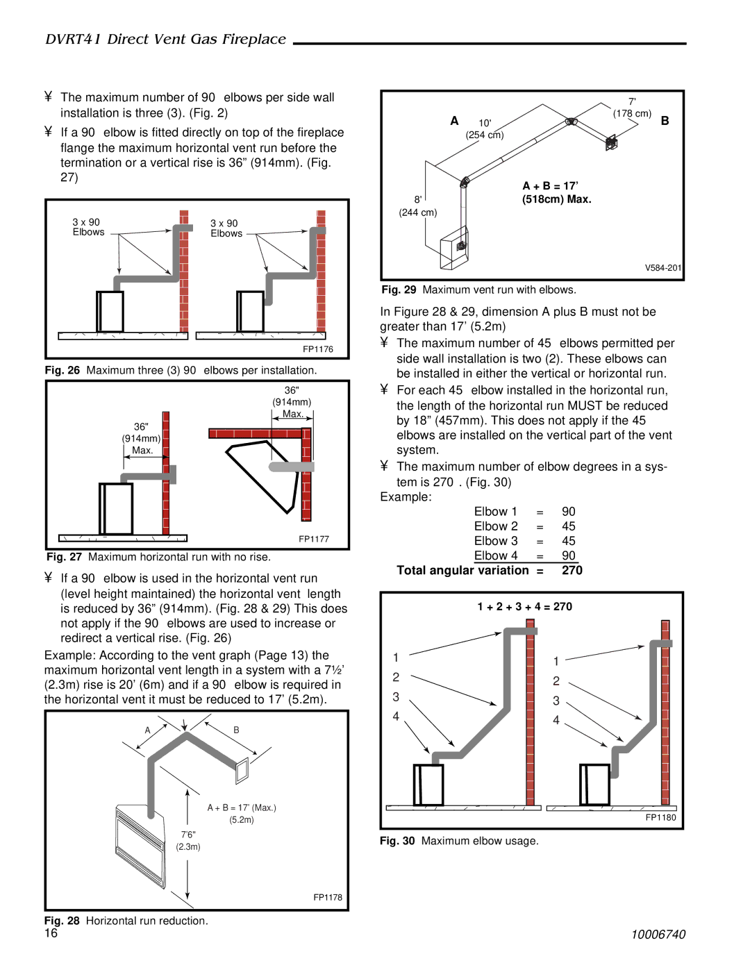 Vermont Casting DVRT41 manual Total angular variation 270, Maximum vent run with elbows 