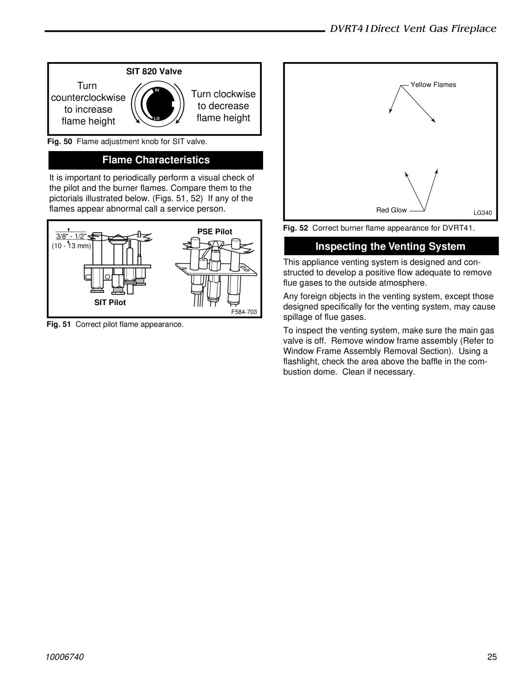 Vermont Casting DVRT41 manual Flame Characteristics, Inspecting the Venting System, SIT 820 Valve 