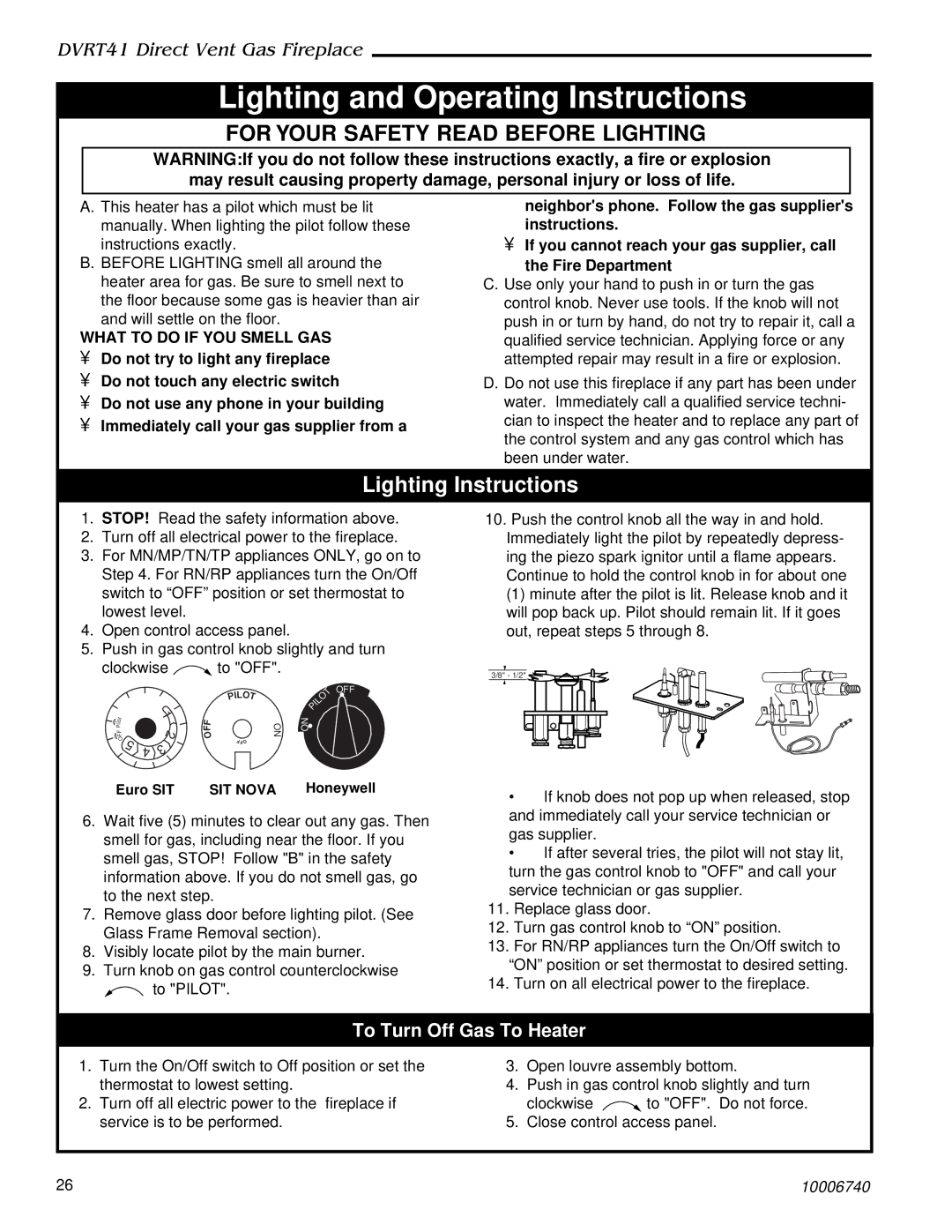 Vermont Casting DVRT41 manual Lighting and Operating Instructions, To Turn Off Gas To Heater 