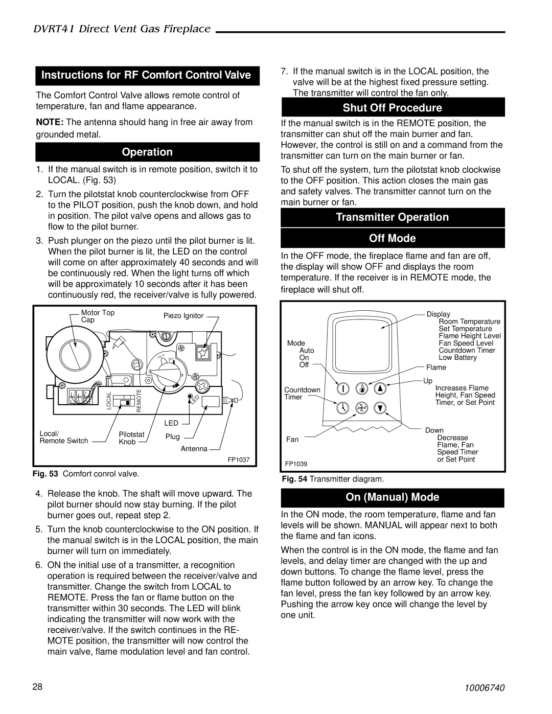 Vermont Casting DVRT41 manual Instructions for RF Comfort Control Valve, Operation, Shut Off Procedure, On Manual Mode 