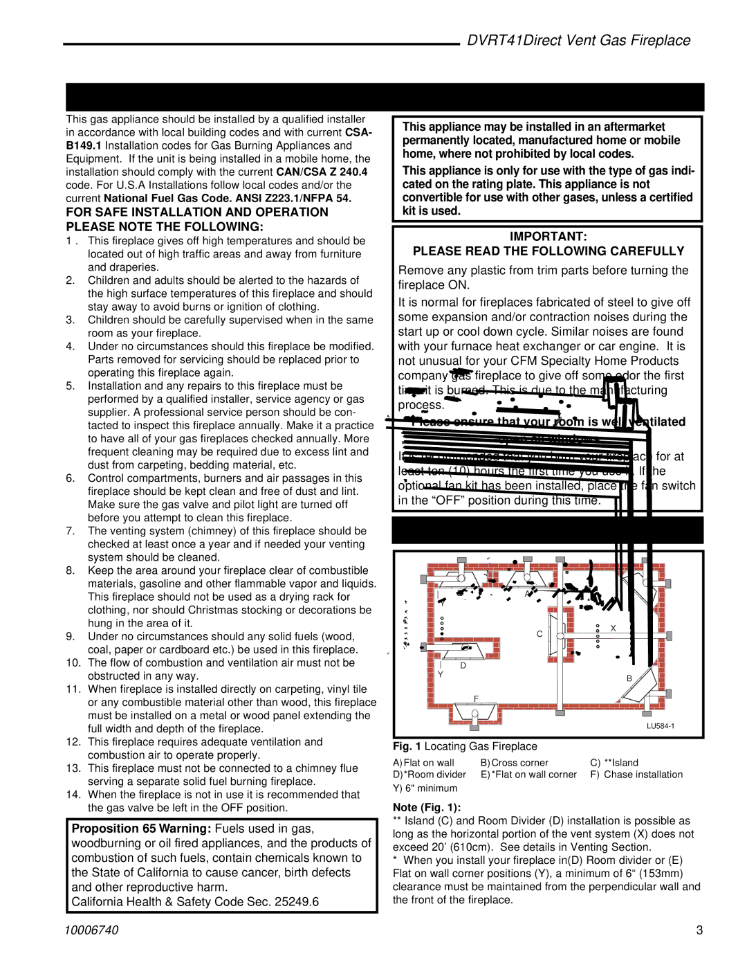 Vermont Casting DVRT41 manual Installation & Operating Instructions, Locating Your Fireplace 