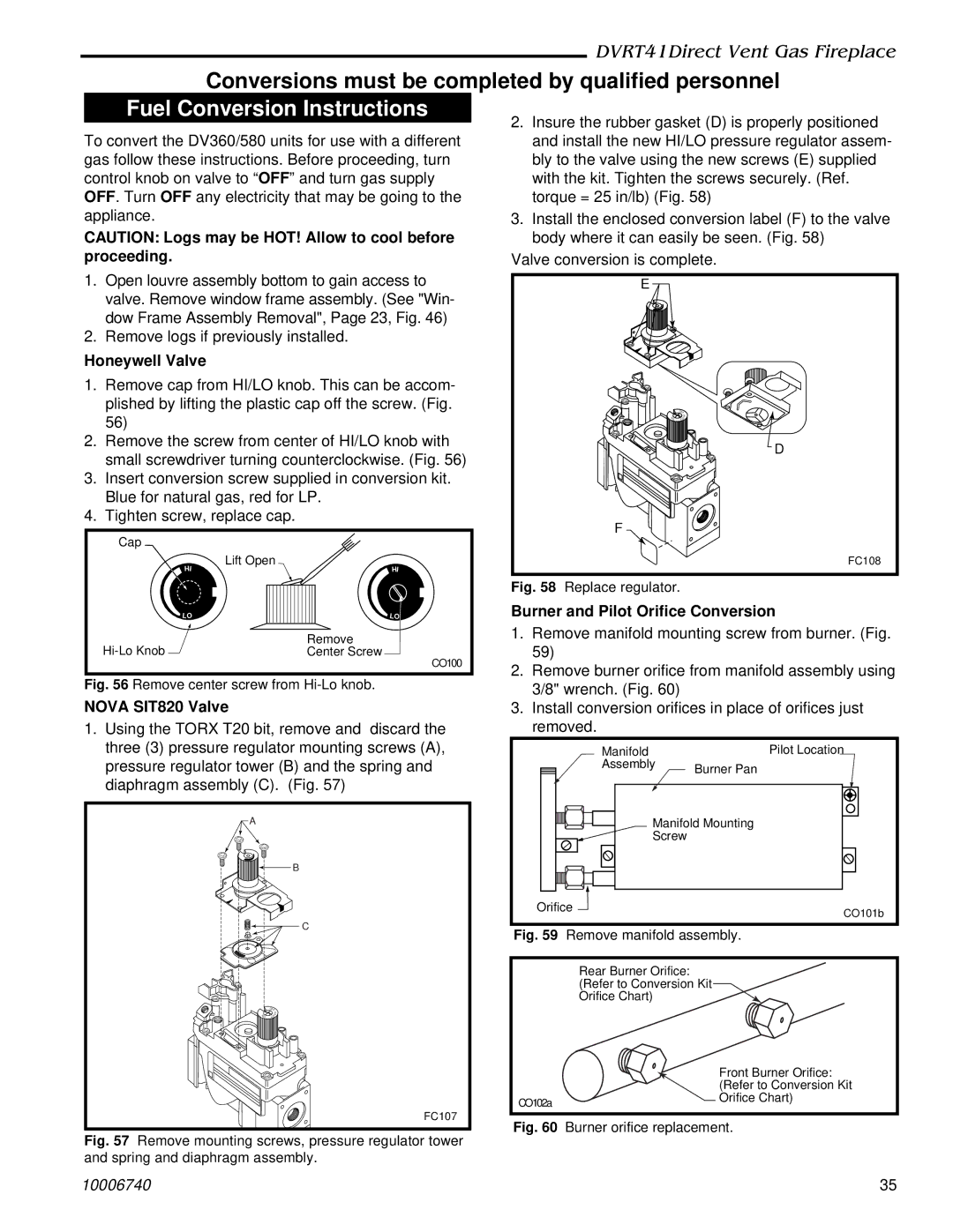 Vermont Casting DVRT41 manual Burner and Pilot Orifice Conversion, Nova SIT820 Valve 