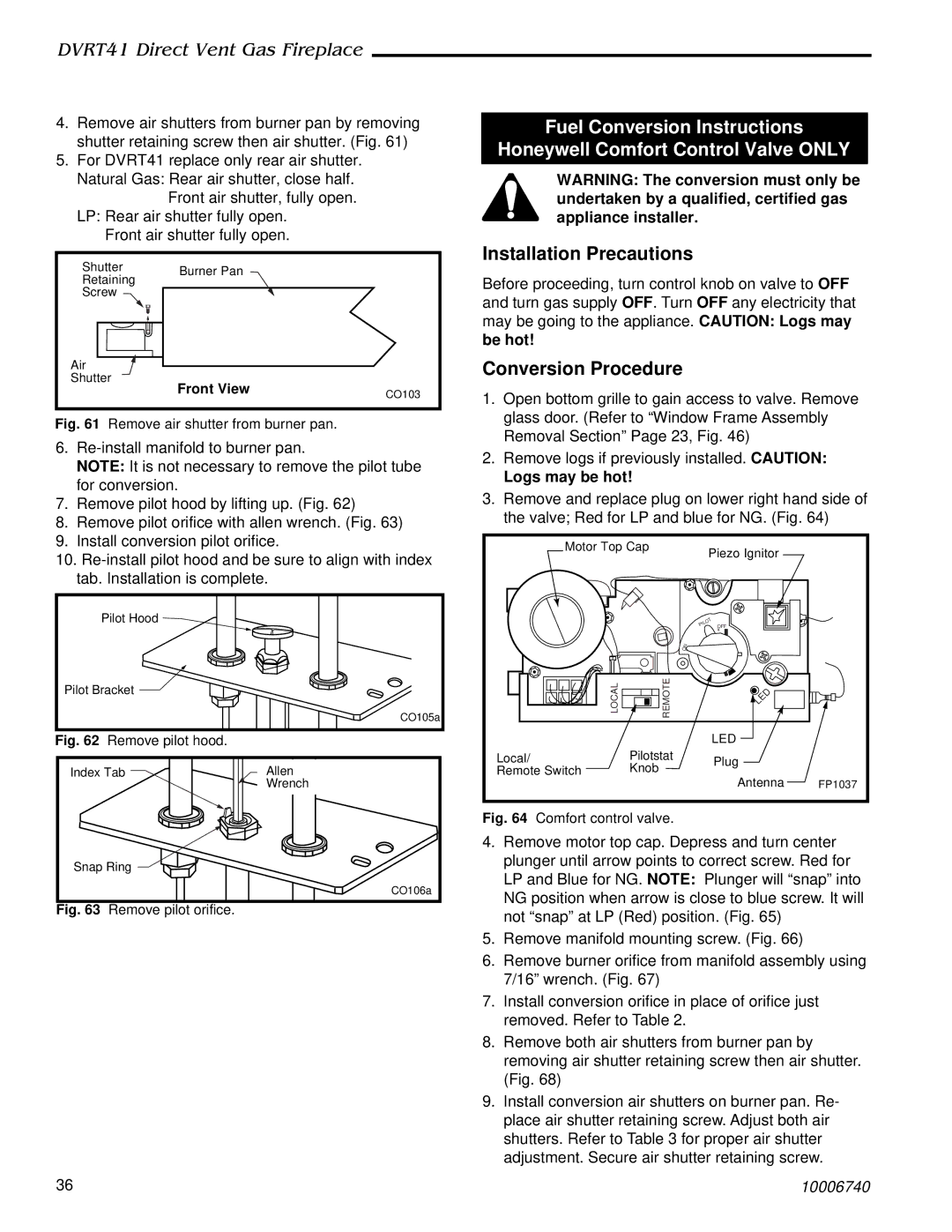 Vermont Casting DVRT41 manual Installation Precautions, Conversion Procedure, Logs may be hot 