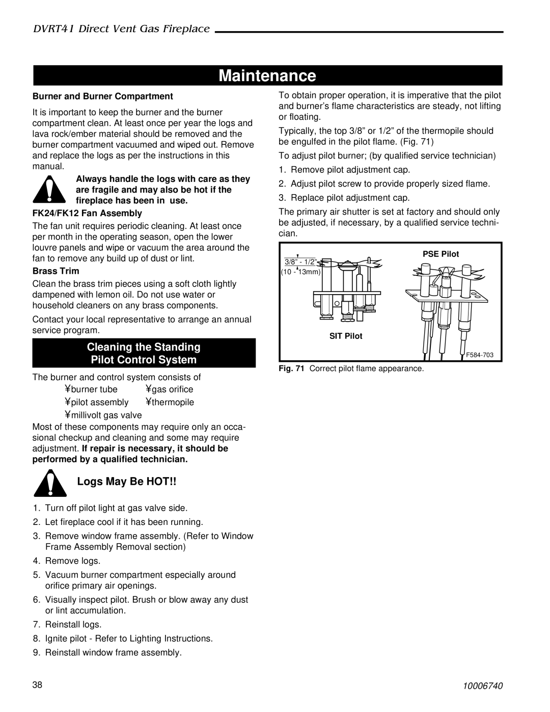 Vermont Casting DVRT41 manual Maintenance, Cleaning the Standing Pilot Control System, Logs May Be HOT, Brass Trim 