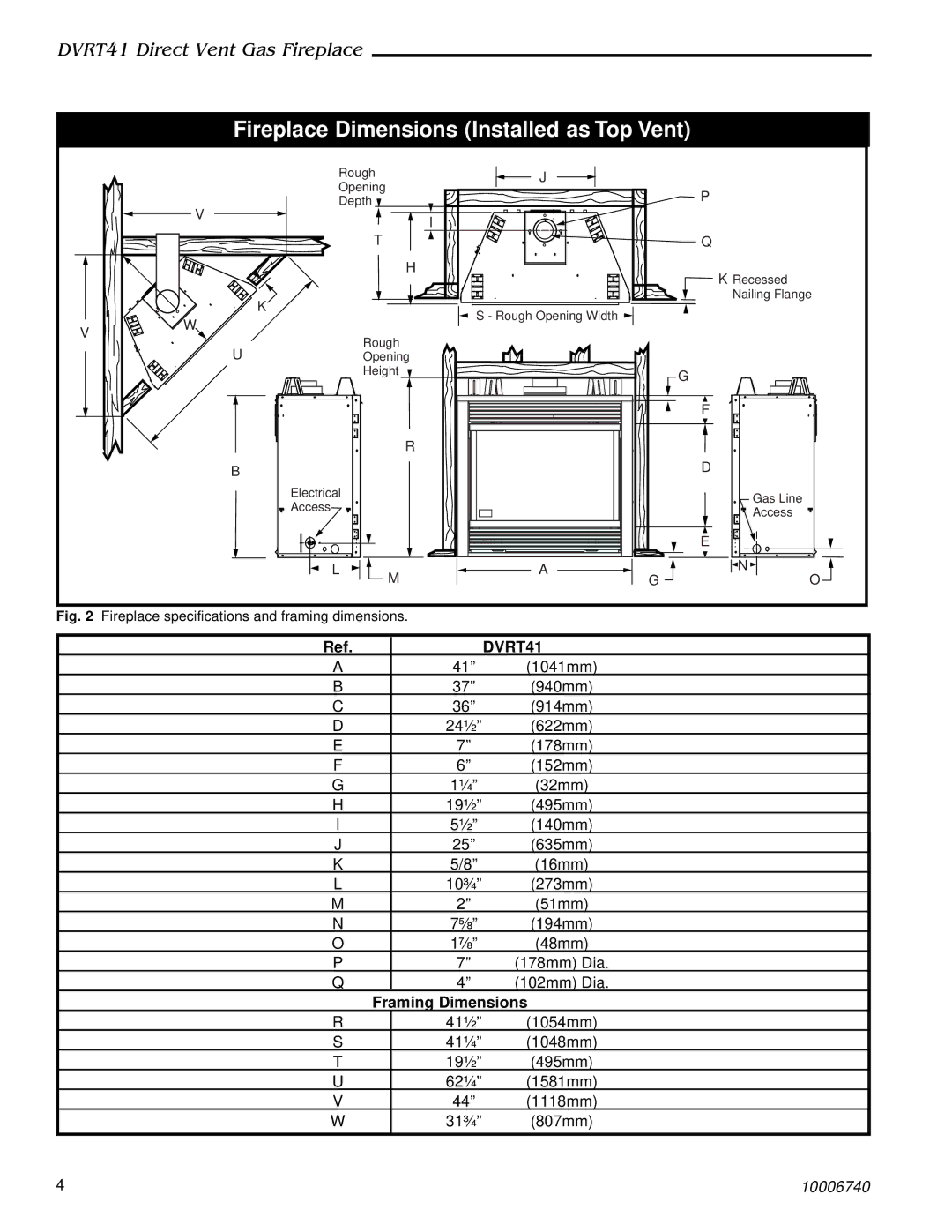 Vermont Casting DVRT41 manual Fireplace Dimensions Installed as Top Vent, Framing Dimensions 