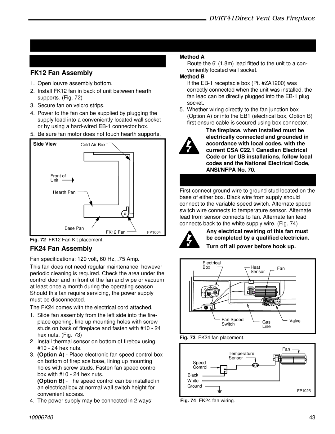 Vermont Casting DVRT41 manual Optional Accessories Available, Fan Kits, FK12 Fan Assembly, FK24 Fan Assembly 