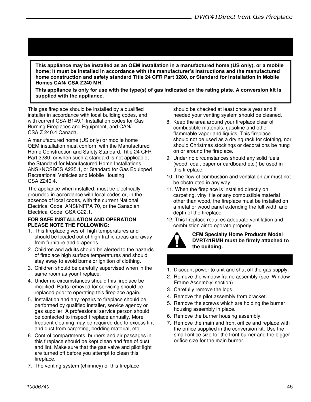 Vermont Casting manual For Use in Mobile Homes Model DVRT41RMH, Conversion Instructions 